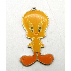 Vintage Tweety Bird Enamel Pendant Key Chain Charm Necklace Yellow Silver 1990s
